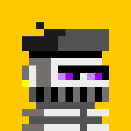 A pixel art character on a yellow background with a black hat, purple sunglasses, and a black and white striped body.