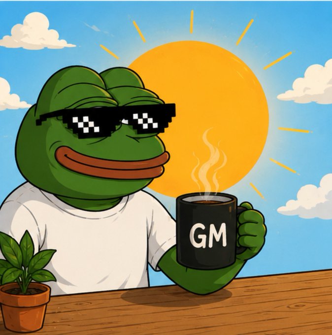 Cartoon illustration of Pepe the Frog wearing pixelated 'deal with it' sunglasses and a white shirt, holding a black coffee mug labeled 'GM' in front of a bright sun.