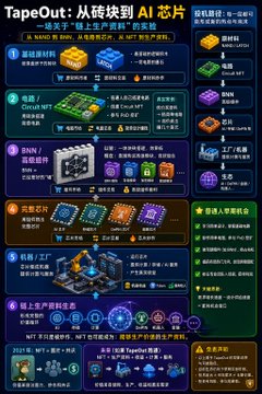 A promotional infographic for "TapeOut" outlining the transition from "AI Chips" to "AI chip production tools," featuring a process flow with sections including "MAIN IN 80W," "Block chain," "Design Center," and "Support Components," highlighting the intersection of blockchain and AI chip manufacturing.