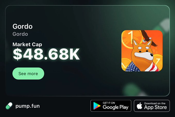 A promotional graphic for the Gordo token on pump.fun displays a market cap of $48.68K alongside a cartoon Shiba Inu-style mascot wearing an American flag. The image aligns with the post's pump.fun referral link, serving as a visual advertisement to attract traders to the Gordo memecoin.