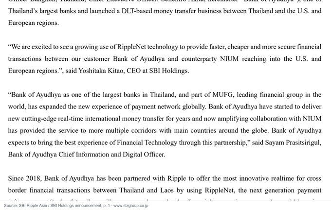SBI Ripple Asia press release highlighting Bank of Ayudhya's launch of DLT-based remittances via RippleNet with Nium, featuring quotes from Yoshitaka Kitao (SBI Holdings CEO) and Sayam Prasittipol (Bank of Ayudhya Chief Information and Digital Officer), citing their cross-border Thailand-U.S./Europe partnership dating back to 2018.