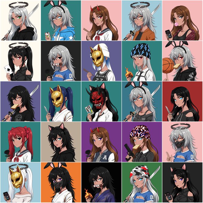 A grid of 25 anime-style portraits showing various characters with different hairstyles, outfits, and accessories like masks, horns, and weapons against colorful backgrounds.