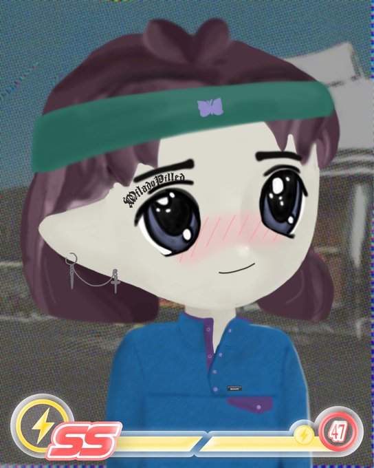 A stylized digital illustration of a person with large eyes, an eyebrow tattoo reading "Villain Villen," a green headband, and a blue shirt, with "SS" and "47" at the bottom.
