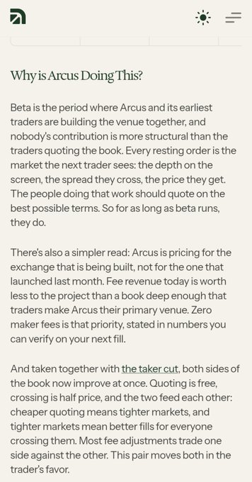 A screenshot of an article titled 'Why is Arcus Doing This?' discussing the trading venue's beta period, fee structure, and zero maker fees during the build phase.