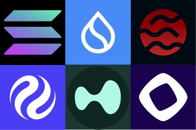 A grid displays six cryptocurrency logos, including Solana, Sui, and Near, on various colored backgrounds.