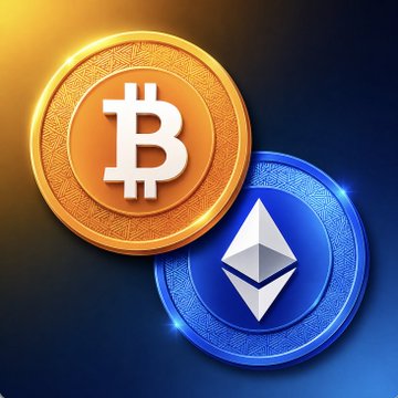 A glowing gold Bitcoin coin overlaps with a blue Ethereum coin against a dark background, visually representing Larry Fink's bullish stance on both cryptocurrencies BTC and ETH.
