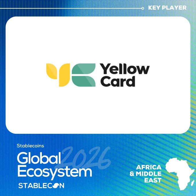 A Stablecoin Global Ecosystem 2026 graphic featuring Yellow Card as a Key Player for Africa & Middle East, with a blue background and African continent illustration.