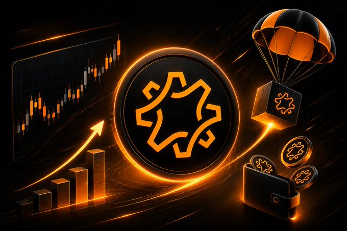 A digital illustration with an orange neon theme showing a central cryptocurrency-style logo, a candlestick chart and bar graph indicating upward growth, a parachute with a coin, and a wallet with gold coins.