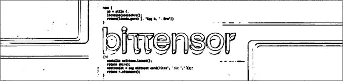 A black and white graphic design piece displaying the word 'bittensor' in large outlined letters over a background of computer code, framed by rectangular borders.