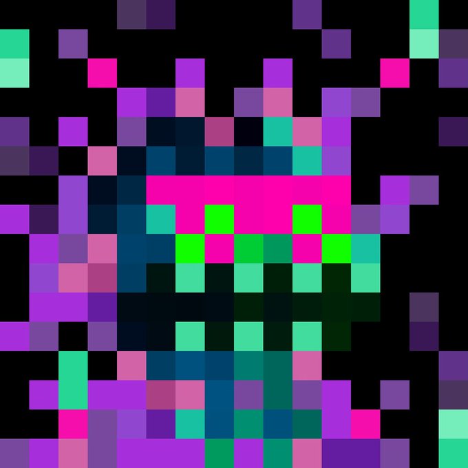 A colorful pixel art character on a black background, featuring a stylized figure with a pink/magenta head, green and teal accents, and a purple surrounding border.