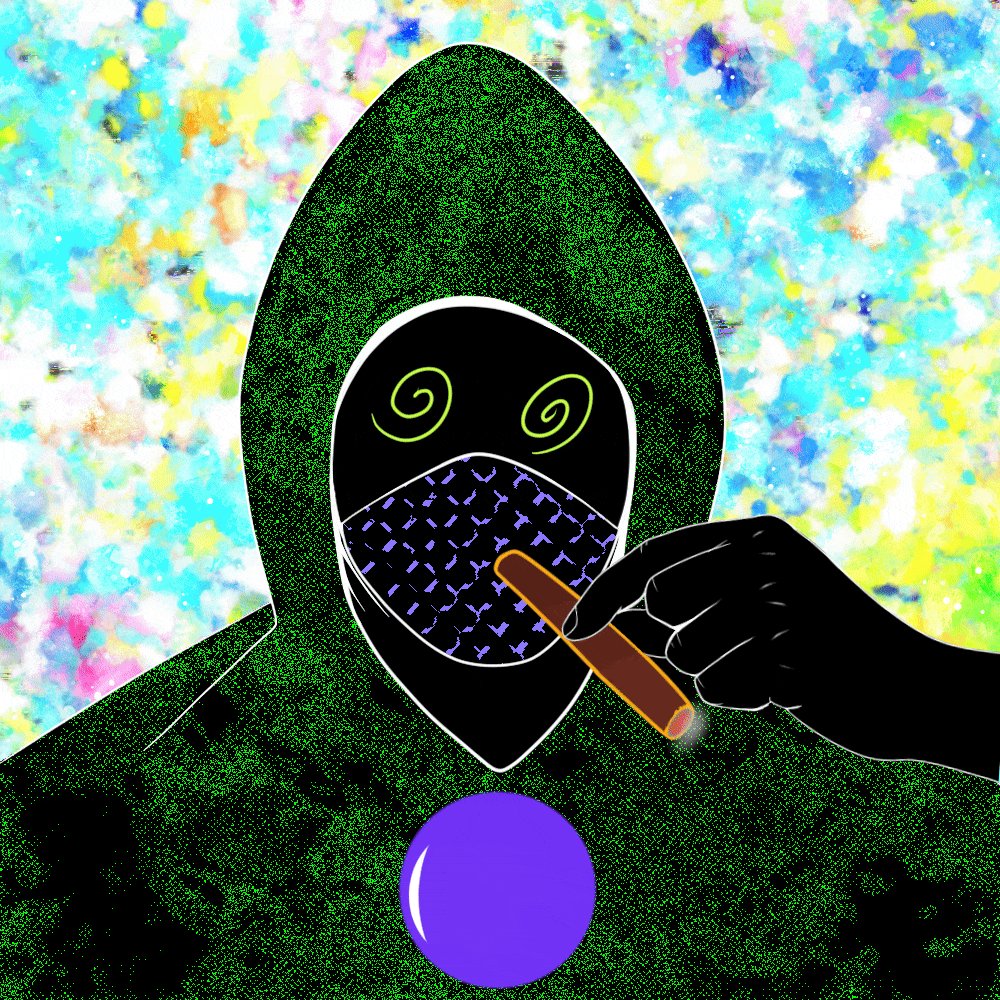 The image features a green hooded figure with a face mask, holding a cigar in their hand against a colorful background. Below the figure's head, there is a purple orb that appears to be glowing or emitting light. The caption below the image reads "Double down on art Believe in $INK".