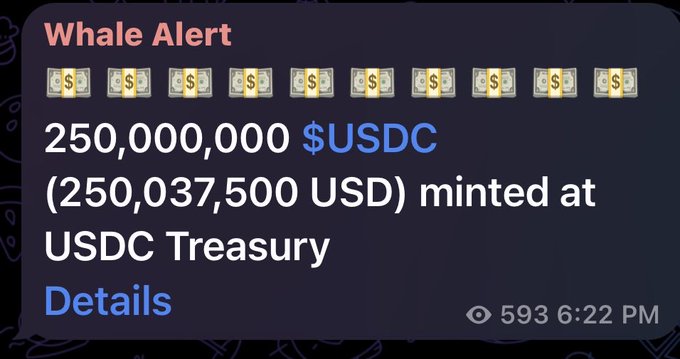 A Whale Alert notification reports 250,000,000 USDC ($250,037,500 USD) minted at the USDC Treasury, illustrating the $250 million in new USDC issuance referenced in the post about fresh liquidity on Solana.