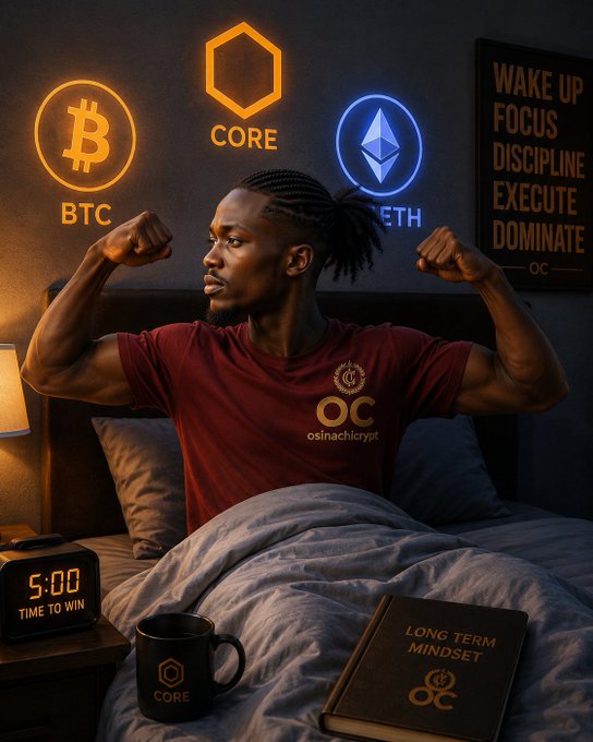 A man in a maroon 'OC osinachicrypto' shirt flexes his muscles while sitting up in bed, with neon cryptocurrency signs (Bitcoin/BTC and Ethereum/ETH), a motivational poster reading 'WAKE UP FOCUS DISCIPLINE EXECUTE DOMINATE', and a book titled 'LONG TERM MINDSET' visible.