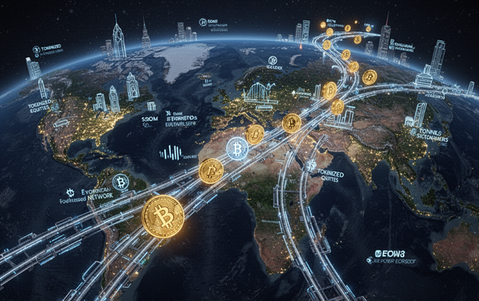 The main focus of the image appears to be a detailed map showcasing various routes across different parts of the world as well as the financial markets, including Bitcoin, represented by gold circles or coins moving along these routes. The map also highlights tokenized stocks, which refers to the process where shares can be bought and sold like currency in a digital marketplace. This post discusses how tokenized stocks are changing the way people buy, sell, and invest in financial assets.