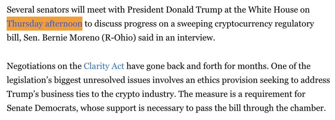 A screenshot of a news article about senators meeting with President Trump at the White House on Thursday afternoon to discuss progress on the Clarity Act, a cryptocurrency regulatory bill, with the meeting coming amid ongoing negotiations and an unresolved ethics provision related to Trump's crypto business ties.

The article provides context for the post about Sen. Thom Tillis expressing hope for an agreement on the Clarity Act by week's end, with the meeting set to address key issues like the ethics provision that has been a sticking point in negotiations.