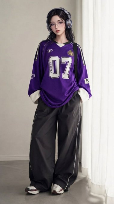 A digital illustration shows a young woman wearing a purple jersey with the number 07, headphones, and baggy black pants standing indoors.