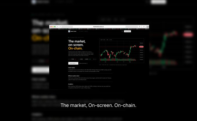 The image shows the marketclouds.co website displayed in a browser window with the tagline "The market, On-screen. On-chain." prominently featured below the window. The website features a dark-themed market chart and highlights institutional-grade analytics including "Chart studio," "Whale market action," and "Analytics," with the $MARKET token and contract address (0x3ca0edcdafbc5e6667feedb6e25bfe6b908884e2) advertised as available on Robinhood.