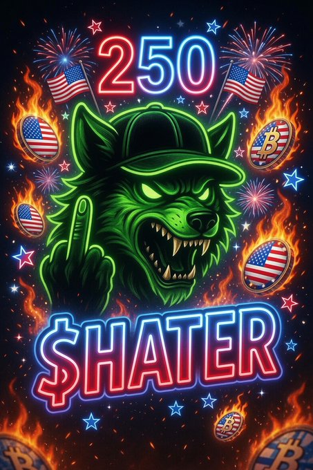 A neon-style graphic featuring a green snarling wolf in a cap with American flags, Bitcoin coins, fireworks, and bold text reading '250 $HATER'.