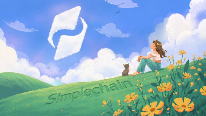 Illustration of a girl and cat on a grassy hill with yellow flowers, featuring a white logo and the text 'Simplechain' on the grass.