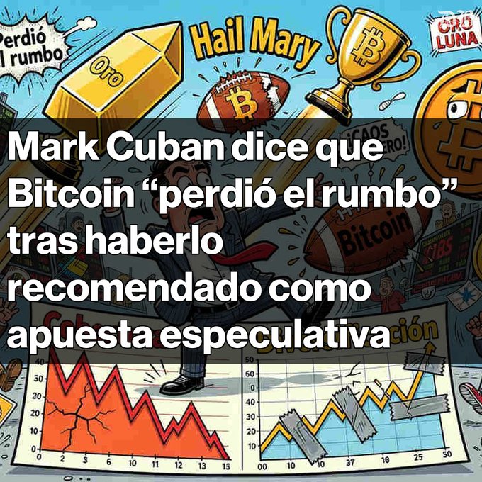 The image features a cartoon of Mark Cuban with a speech bubble containing text about Bitcoin. The caption reads "Mark Cuban declara que Bitcoin perdió el rumbo" which translates to "Mark Cuban says Bitcoin".