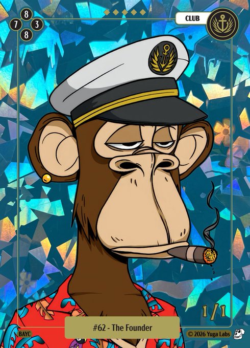 A stylized collectible card titled “CLUB” shows a weary cartoon ape captain in a white peaked hat, cigar, and bright patterned shirt against a blue geometric background. The card is labeled “#62 - The Founder” with visible numbers 8, 7, 3, 8 at top left and “1/1” at bottom right, matching the post about opening a Mudwater pack and pulling cards.