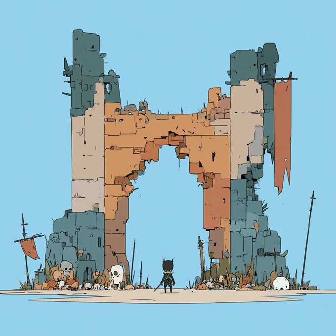 A stylized digital illustration of a small knight character standing before a large ruined stone archway, surrounded by scattered skulls, swords, and tattered flags against a light blue sky.