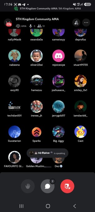 Discord voice channel screenshot showing '5TH Kingdom Community AMA' with multiple user avatars including nally94aob, owanad0a, and others.