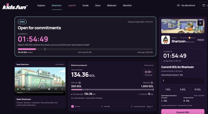 A screenshot of the kids.fun platform showing an "Open for commitments" page for $SHARTCOIN, with a countdown timer at 01:54:49 and 134.36 SOL raised against a 200 SOL soft cap and 1,000 SOL hard cap, alongside commitment options of 1, 5, and 10 SOL—matching the post announcing that SHARTCOIN (the "kid" of FartCoinOfSOL and ButtCoin) is live for community commitments ahead of its launch.