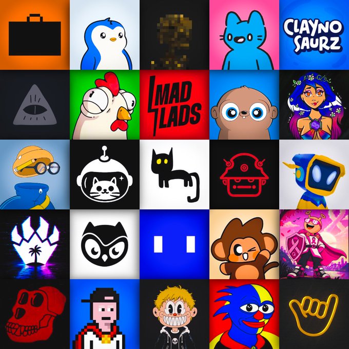 A colorful 5-by-5 grid of pop-culture-style logos includes readable text such as “CLAYNO SAURZ” and “LMAD LADS.”