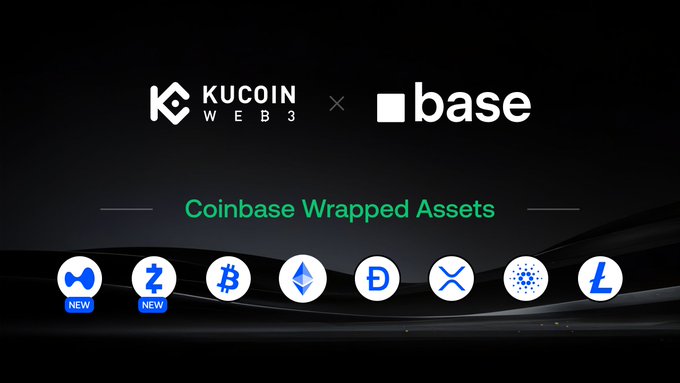 A promotional banner announcing a partnership between KuCoin Web3 and Coinbase's Base network to offer "Coinbase Wrapped Assets," displaying eight cryptocurrency icons (including newly added cbZEC and cbHYPE) that can be traded directly within the KuCoin Web3 wallet.