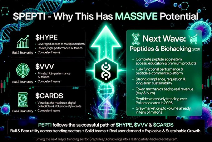 The image features a poster with an upward-pointing arrow, which is part of a promotional campaign for a cryptocurrency called "Pepti". The poster also includes text that reads "Why this has massive potential" and "Next wave: Peptides bi hacking 2023". The poster highlights the benefits of using peptides as a form of currency.