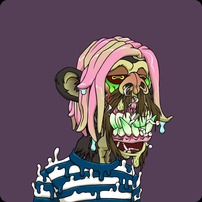 A cartoon-style illustration of a grotesque monkey-like character with drooping pink and yellow striped hair, green drool, and a colorful mess on its face, wearing a blue and white striped shirt against a purple background.
