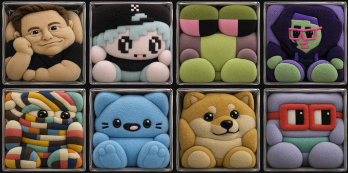 A grid of eight plush toy cubes featuring various designs, including Elon Musk, a Minecraft character, a green creature, a purple-skinned figure, a colorful sock monster, a blue cat, a Shiba Inu, and a character with red glasses.