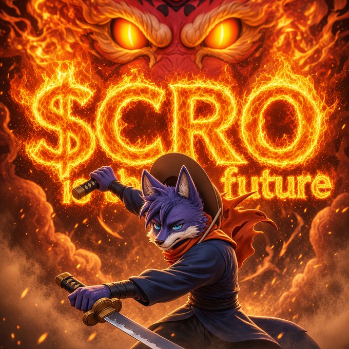 A vibrant digital illustration featuring a purple wolf samurai wielding a katana, set against a fiery background with the flaming text "$CRO future" and a demonic oni mask looming above.