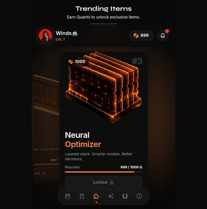 A mobile app screenshot showing a 'Trending Items' section featuring a 'Neural Optimizer' item worth 1000 Quants, with a user profile named 'Winds' at Level 1 holding 899 Quants.