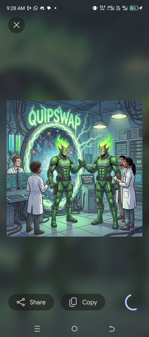 A mobile screenshot displaying a colorful illustration titled 'QUIPSWAP' featuring two green armored figures in a lab setting with scientists, with Share and Copy buttons visible at the bottom.
