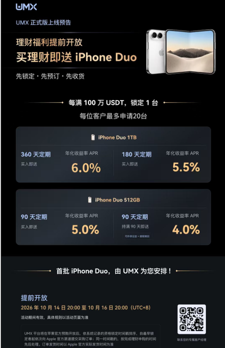 A promotional advertisement from UMX offering 'iPhone Duo' gifts with deposits, featuring images of a dual-screen iPhone device and listing annualized yield rates (APR) ranging from 4.0% to 6.0% for various deposit terms.