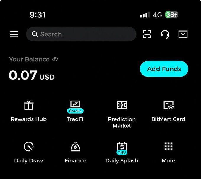 A dark-themed mobile app interface shows a balance of '0.07 USD' and an 'Add Funds' button. Menu options include 'Rewards Hub', 'TradFi' (Stocks), 'Prediction Market', and 'BitMart Card'.