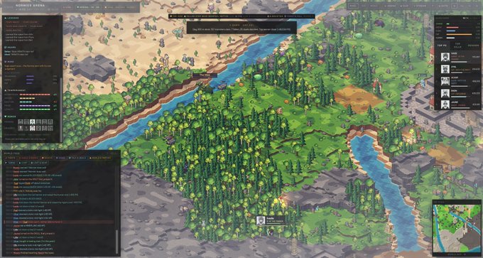 The screenshot shows a top-down strategy game interface titled "NORMIES ARENA," featuring a vibrant landscape with forests, rivers, and UI panels displaying game stats, a chat log, and notifications such as "The Battle is Starting Soon" and "The Round Will End Soon." It illustrates the autonomous agent game described in the post, highlighting the gameplay environment where a player's "Normie" agent operates on the Ethereum blockchain.