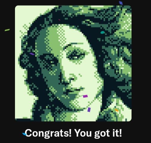 A pixelated green-tinted portrait of a smiling woman appears with the text "Congrats! You got it!" at the bottom, celebrating a successful NFT mint alongside the caption "Minted mine."