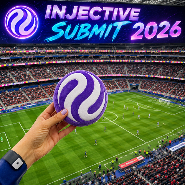 A promotional graphic for 'INJECTIVE SUBMIT 2026' featuring a hand holding the Injective (INJ) purple logo ball in front of a soccer stadium with a match in progress.