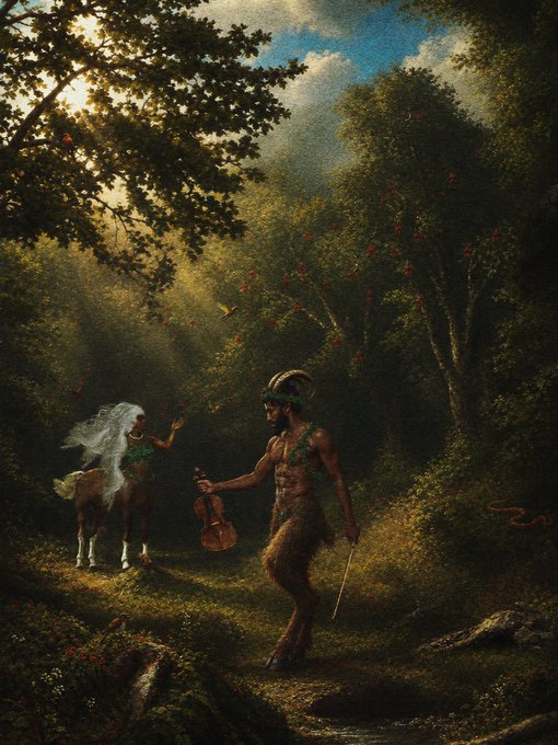 A classical painting depicts a satyr-like figure with goat legs holding a violin in a lush, sun-dappled forest, while a centaur with a flowing white mane watches from the shadows.