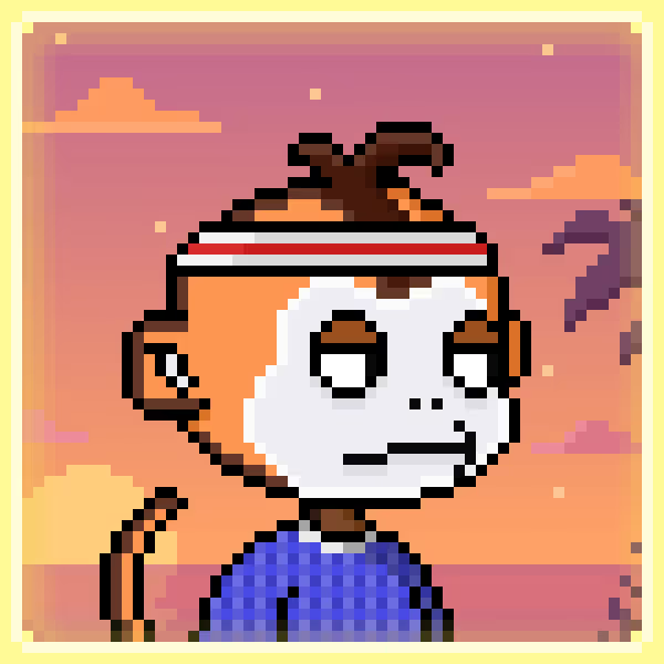 A pixel-art portrait of a smiling character with a partially white face, wearing a blue shirt and a headband, set against an orange sunset background with palm trees.