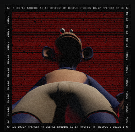 An animated, low-angle close-up shot of an ape character, representing MAYC #21552, set against a red brick wall and framed with "APE FEST AT BEEPLE STUDIOS 10.17" text.