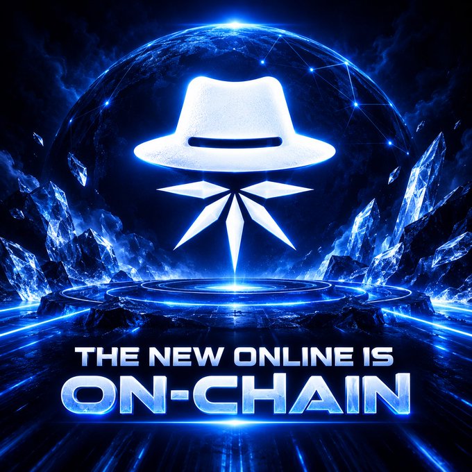 A futuristic blue digital poster featuring a glowing fedora hat logo over a star emblem and globe, with the text 'THE NEW ONLINE IS ON-CHAIN'.