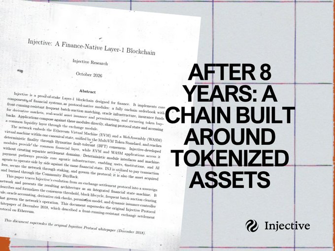 A promotional image showing an academic paper titled 'Injective: A Finance-Native Layer-1 Blockchain' with overlay text reading 'AFTER 8 YEARS: A CHAIN BUILT AROUND TOKENIZED ASSETS' and the Injective logo.