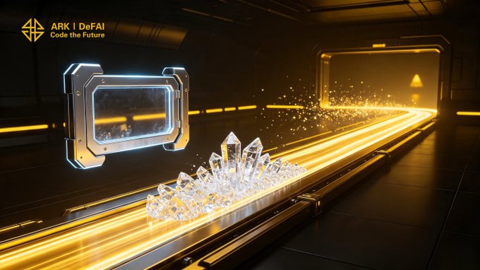 A futuristic sci-fi scene with the "ARK | DeFAI" logo ("Code the Future"), featuring glowing crystals on a track and a floating metallic portal.