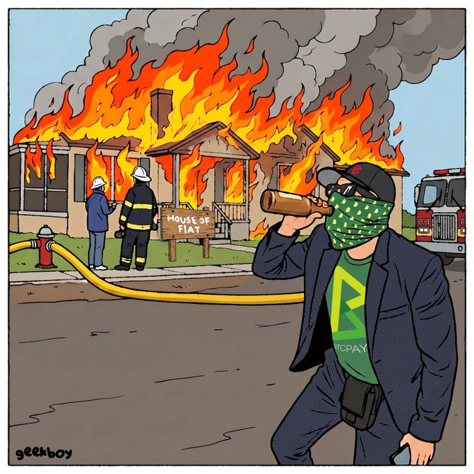 The image features a man wearing a green shirt, holding a beer bottle while standing next to a burning house. The fire appears to be located near the house, with smoke billowing out of it. In the background, there are firefighters attending to the situation, and a sign is visible nearby that says "House of Fiat". A post on social media also mentions Bitcoin @r0ckstardev @BTCPrague.