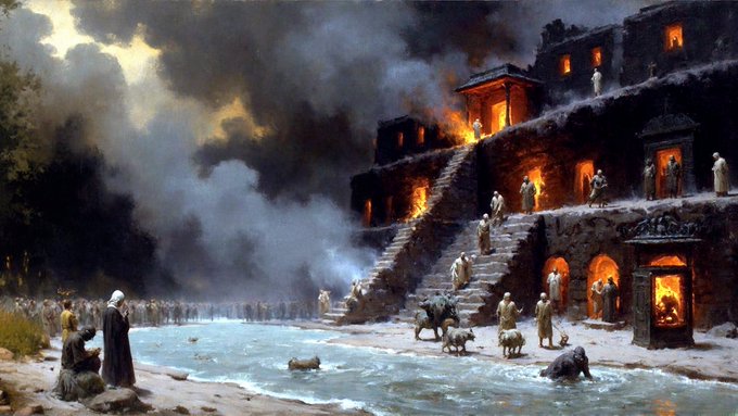 A dramatic classical painting depicting an ancient ritual by a river, with robed figures ascending stone steps toward fire-lit temple structures amid heavy smoke.