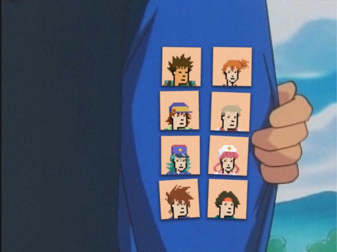 An animated scene of a blue character holding up a device displaying pixel art portraits of various characters with different hairstyles and hats.